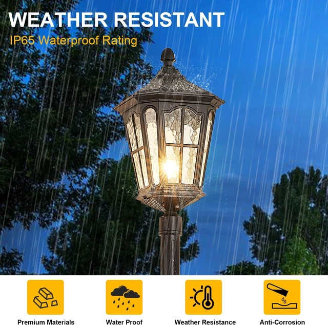 Alt view image 6 of 7 - Dusk-to-Dawn Outdoor Post Light with Outlet, Waterproof Water-Ripple Glass Vintage Black Street Lamp for Garden, Pathway & Yard