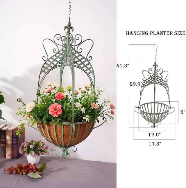 Alt view image 2 of 7 - 12.6-Inch Rustic Metal Hanging Planter Basket for Indoor & Outdoor Plants, Farmhouse, Porch, Deck & Garden, Green