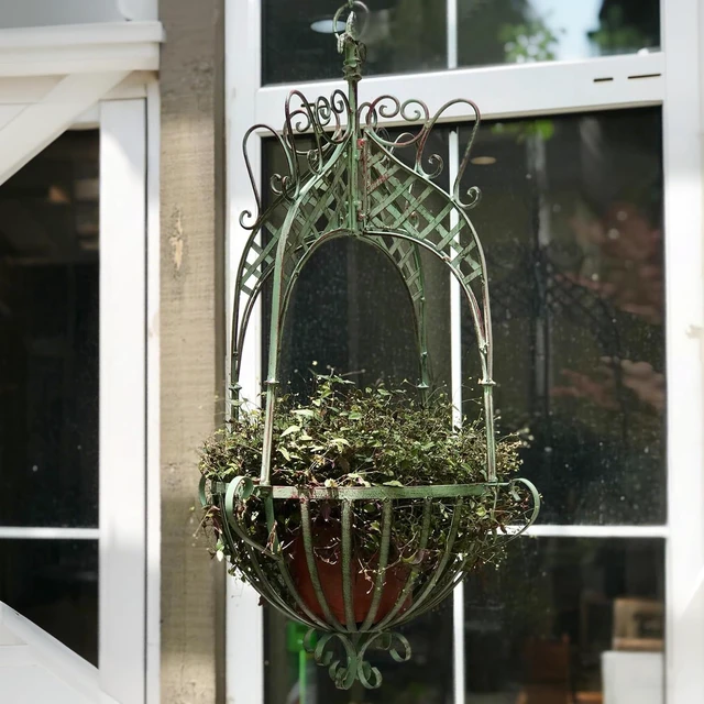 Alt view image 5 of 7 - 12.6-Inch Rustic Metal Hanging Planter Basket for Indoor & Outdoor Plants, Farmhouse, Porch, Deck & Garden, Green