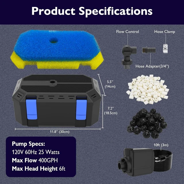 Alt view image 6 of 7 - 25W/400GPH Pond Filter Pump with 4-Stage Filtration for 200-350 Gal Ponds