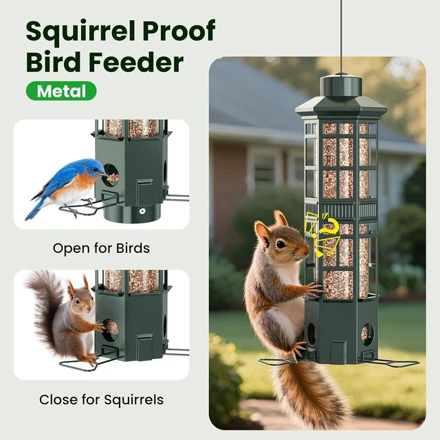 Alt view image 2 of 7 - Squirrel-Proof Metal Hanging Bird Feeder with Gravity Spring Mechanism, 3 Feeding Ports, 3LB Capacity, Weatherproof, Green