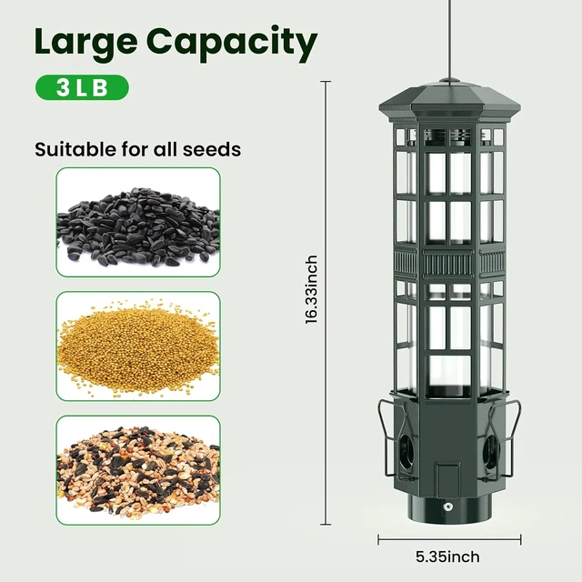 Alt view image 3 of 7 - Squirrel-Proof Metal Hanging Bird Feeder with Gravity Spring Mechanism, 3 Feeding Ports, 3LB Capacity, Weatherproof, Green