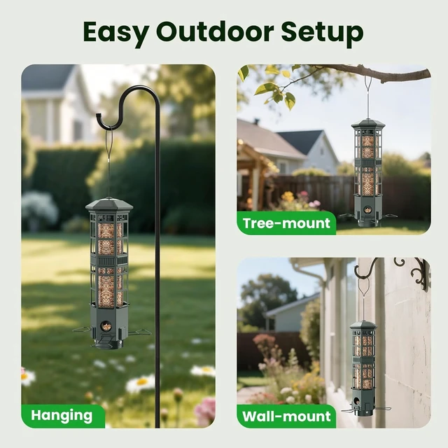 Alt view image 4 of 7 - Squirrel-Proof Metal Hanging Bird Feeder with Gravity Spring Mechanism, 3 Feeding Ports, 3LB Capacity, Weatherproof, Green