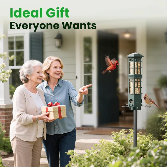 Alt view image 5 of 7 - Squirrel-Proof Metal Hanging Bird Feeder with Gravity Spring Mechanism, 3 Feeding Ports, 3LB Capacity, Weatherproof, Green