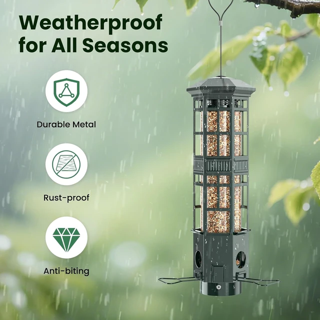 Alt view image 6 of 7 - Squirrel-Proof Metal Hanging Bird Feeder with Gravity Spring Mechanism, 3 Feeding Ports, 3LB Capacity, Weatherproof, Green