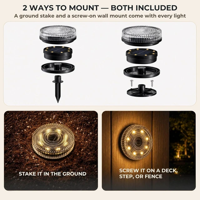 Alt view image 3 of 7 - 2-in-1 Real Glass Solar Ground Lights, Stake or Wall Mount, 8 Pack