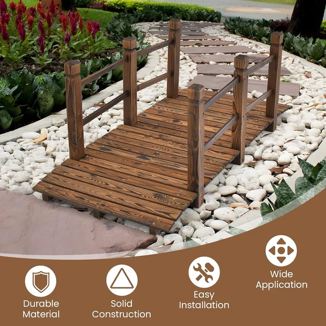 Alt view image 6 of 7 - 5FT Wooden Garden Bridge with Double Safety Railings