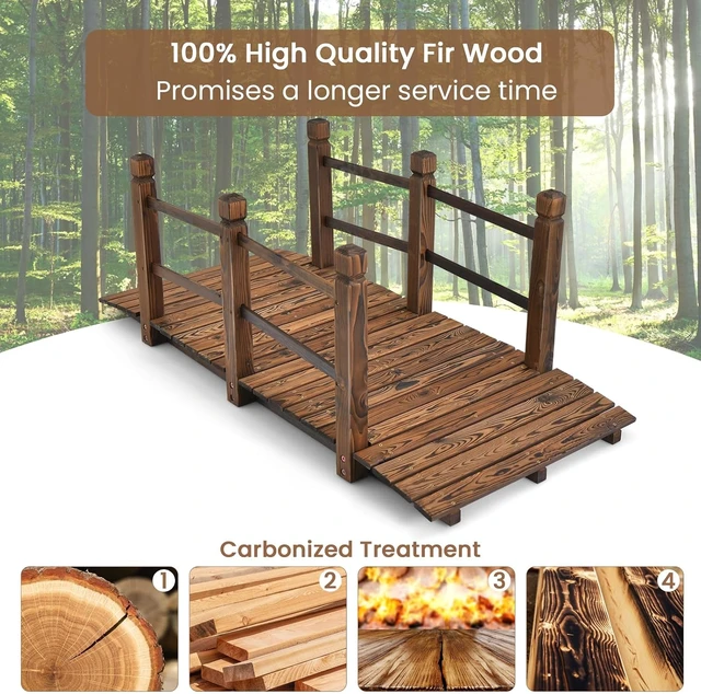 Alt view image 7 of 7 - 5FT Wooden Garden Bridge with Double Safety Railings