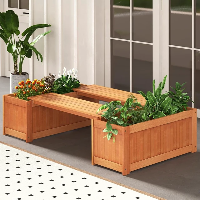 Alt view image 2 of 7 - 2-in-1 Wood Planter Bench, 45 Gallon Raised Garden Bed with Planter Box for Porch, Patio, Garden & Backyard, 2 Pack