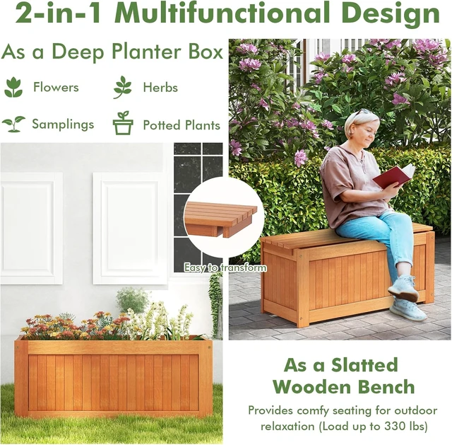 Alt view image 6 of 7 - 2-in-1 Wood Planter Bench, 45 Gallon Raised Garden Bed with Planter Box for Porch, Patio, Garden & Backyard, 2 Pack