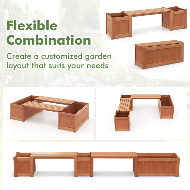 Alt view image 7 of 7 - 2-in-1 Wood Planter Bench, 45 Gallon Raised Garden Bed with Planter Box for Porch, Patio, Garden & Backyard, 2 Pack