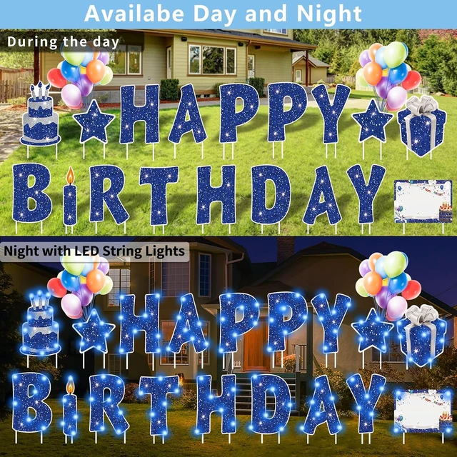 Alt view image 3 of 7 - 18Pcs Happy Birthday Yard Sign with Stakes & LED Light, 16" Lawn Decor