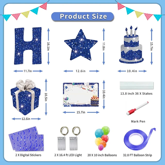 Alt view image 2 of 7 - 18Pcs Happy Birthday Yard Sign with Stakes & LED Light, 16" Lawn Decor