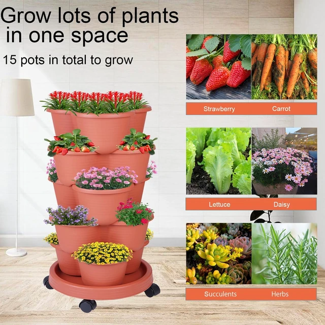 Alt view image 7 of 7 - 5-Tier Stackable Vertical Garden Tower Planter for Strawberries, Flowers, Vegetables & Herbs (Indoor & Outdoor)