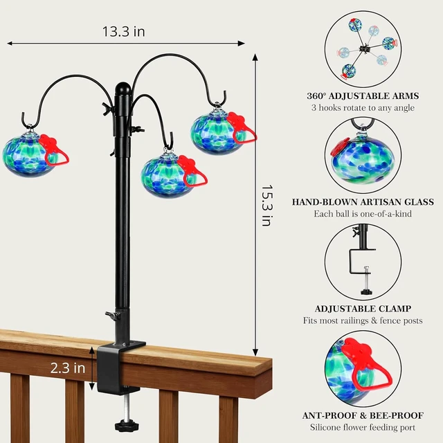 Alt view image 2 of 6 - Hand Blown Glass Hummingbird Feeder with 15-Inch Adjustable Deck Railing Hook & Clamp-On Stand, Outdoor Gift for Women