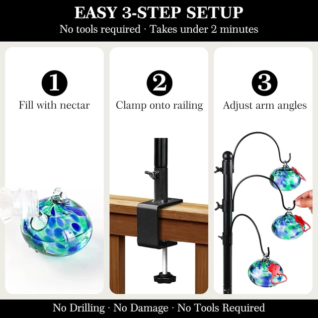 Alt view image 5 of 6 - Hand Blown Glass Hummingbird Feeder with 15-Inch Adjustable Deck Railing Hook & Clamp-On Stand, Outdoor Gift for Women