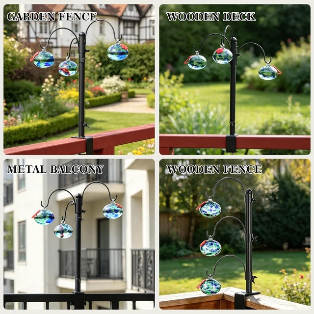 Alt view image 4 of 6 - Hand Blown Glass Hummingbird Feeder with 15-Inch Adjustable Deck Railing Hook & Clamp-On Stand, Outdoor Gift for Women