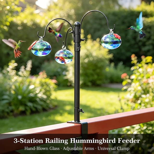 Alt view image 6 of 6 - Hand Blown Glass Hummingbird Feeder with 15-Inch Adjustable Deck Railing Hook & Clamp-On Stand, Outdoor Gift for Women