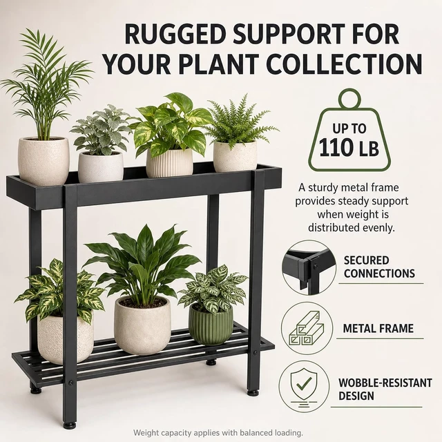 Alt view image 2 of 7 - Black 2-Tier Metal Plant Stand, Indoor & Outdoor Plant Table for Window