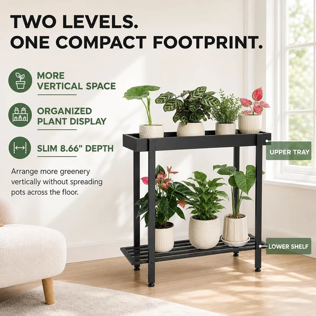 Alt view image 4 of 7 - Black 2-Tier Metal Plant Stand, Indoor & Outdoor Plant Table for Window