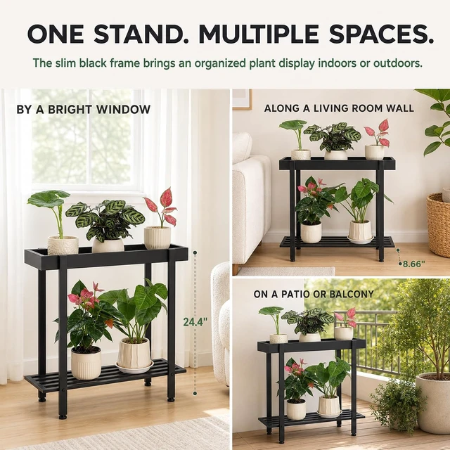 Alt view image 7 of 7 - Black 2-Tier Metal Plant Stand, Indoor & Outdoor Plant Table for Window