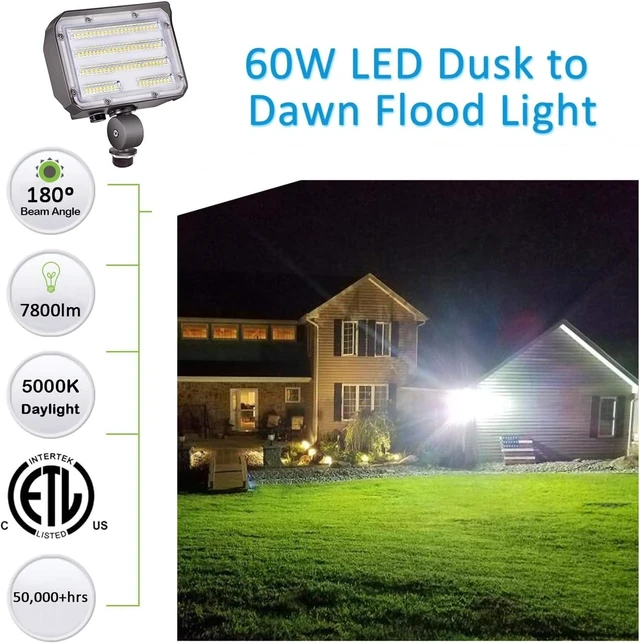 Alt view image 2 of 7 - 60W LED Outdoor Flood Light with Knuckle Mount, 5000K 7,800LM, Dusk-to-Dawn