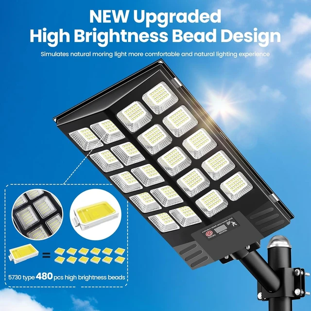 Alt view image 2 of 7 - 100000LM Waterproof Solar Street Lights with Motion Sensor, Dusk-to-Dawn LED Flood Lamp for Patio & Parking Lot, 2 Pack