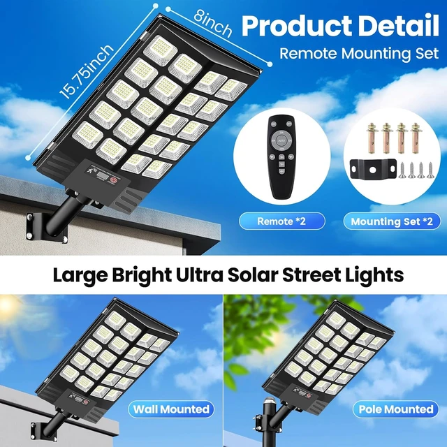 Alt view image 4 of 7 - 100000LM Waterproof Solar Street Lights with Motion Sensor, Dusk-to-Dawn LED Flood Lamp for Patio & Parking Lot, 2 Pack