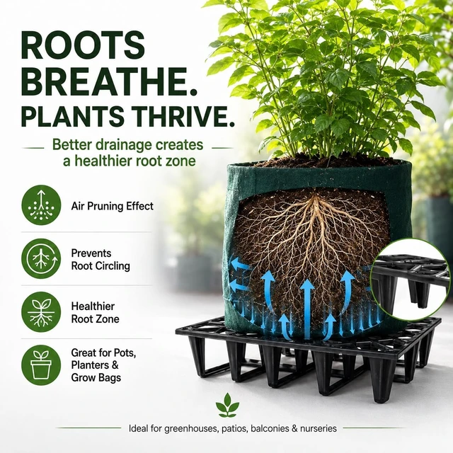 Alt view image 3 of 7 - UV-Resistant Plant Riser Pot Spacer for Grow Bags, Planters & Containers Drainage Tray for Airflow & Root Health (Standard Black, 5 Pack)