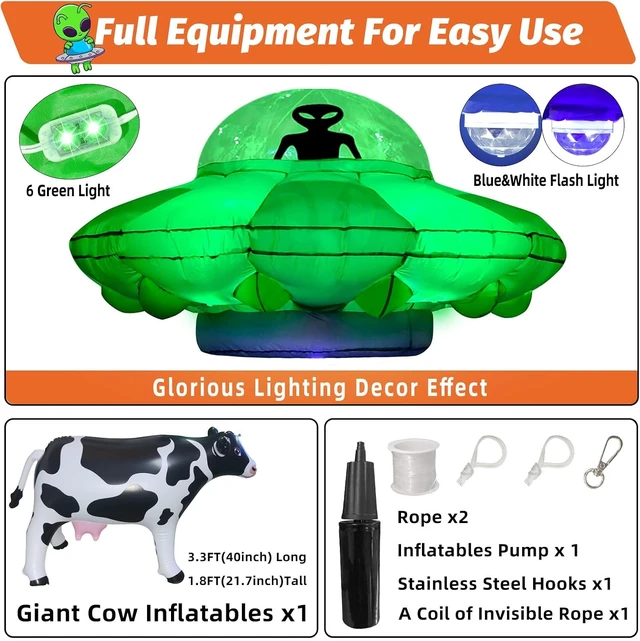 Alt view image 2 of 6 - 4.2FT Inflatable UFO Cow Abduction Alien Décor with Green LED & Blue/White Flashing Lights Halloween Blow-Up for Home, Garden & Lawn