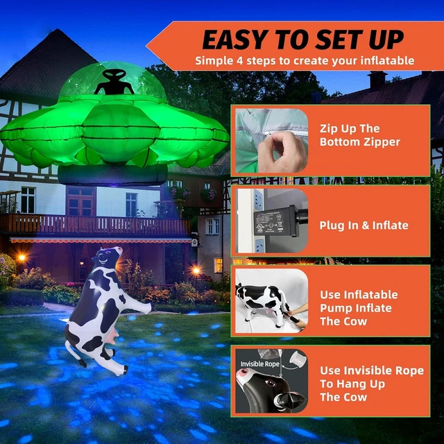 Alt view image 4 of 6 - 4.2FT Inflatable UFO Cow Abduction Alien Décor with Green LED & Blue/White Flashing Lights Halloween Blow-Up for Home, Garden & Lawn