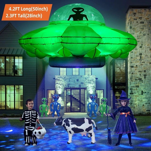 Alt view image 5 of 6 - 4.2FT Inflatable UFO Cow Abduction Alien Décor with Green LED & Blue/White Flashing Lights Halloween Blow-Up for Home, Garden & Lawn