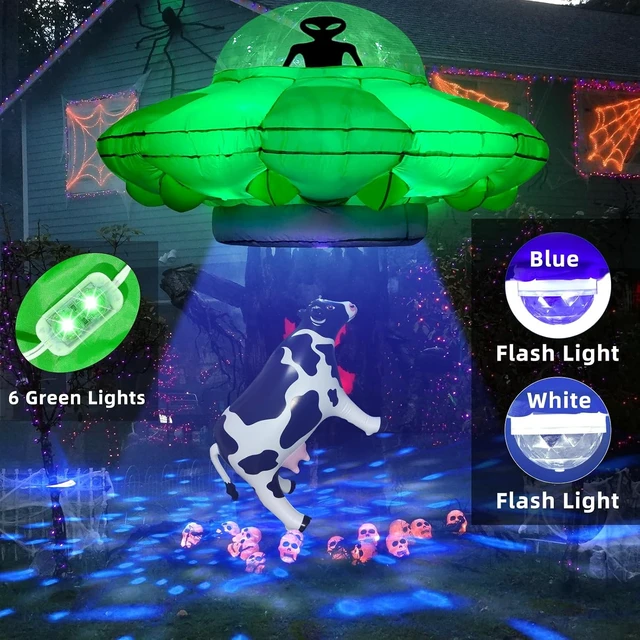 Alt view image 6 of 6 - 4.2FT Inflatable UFO Cow Abduction Alien Décor with Green LED & Blue/White Flashing Lights Halloween Blow-Up for Home, Garden & Lawn