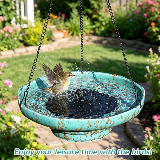 Alt view image 5 of 7 - Ceramic Hanging Solar Bird Bath with Fountain for Outside