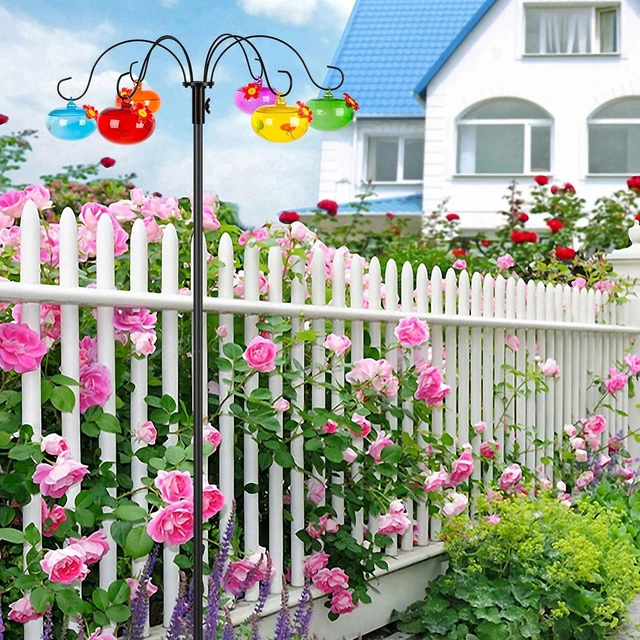 Alt view image 7 of 7 - Glass Hummingbird Feeders with Shepherd's Hook for Outdoors