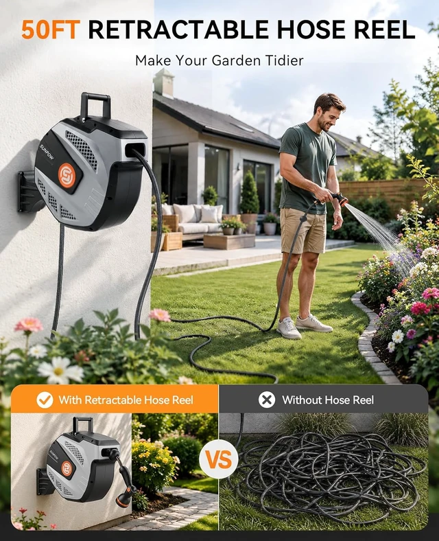Alt view image 2 of 7 - Retractable Wall-Mounted Garden Hose Reel, 1/2 in x 50ft, 3/4 in Brass Fitting & 10 Sprayer Nozzle, Auto Rewind, 180° Swivel, Grey