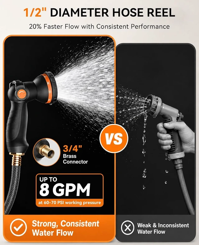 Alt view image 3 of 7 - Retractable Wall-Mounted Garden Hose Reel, 1/2 in x 50ft, 3/4 in Brass Fitting & 10 Sprayer Nozzle, Auto Rewind, 180° Swivel, Grey