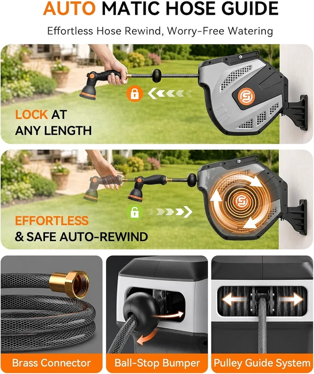 Alt view image 4 of 7 - Retractable Wall-Mounted Garden Hose Reel, 1/2 in x 50ft, 3/4 in Brass Fitting & 10 Sprayer Nozzle, Auto Rewind, 180° Swivel, Grey