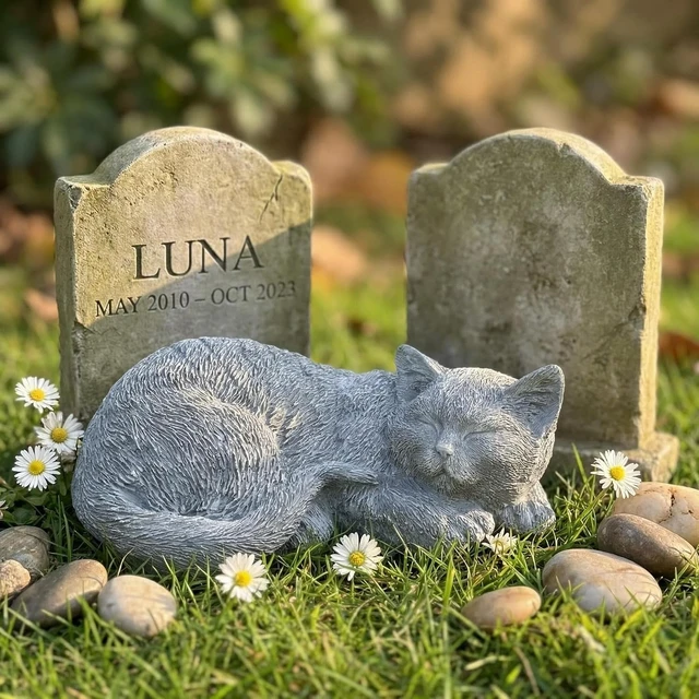 Alt view image 2 of 7 - Cats Memorial Garden Stone Statue, 11.4" L Tabby Figurine Sympathy Gift for Loss of Cat, Outdoor Grave Marker