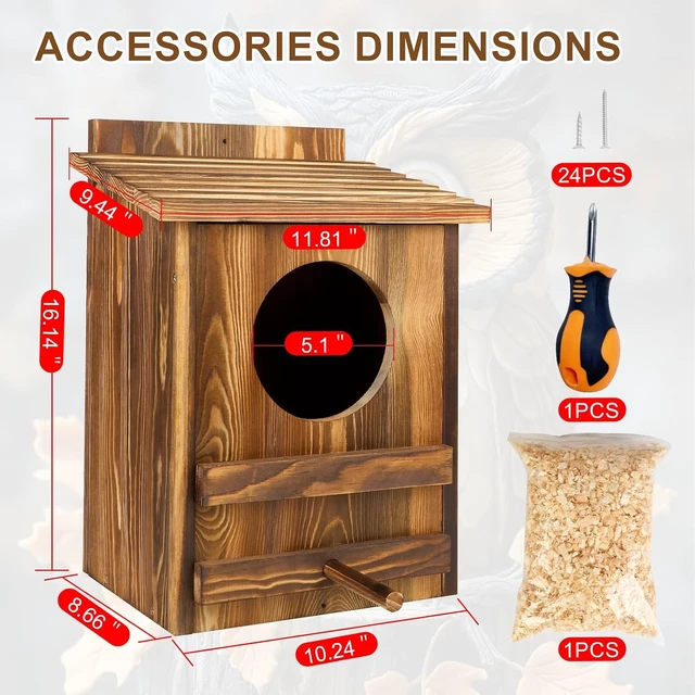 Alt view image 2 of 7 - 16.1 x 11.8 x 9.5 in Large Carbonized Barred Owl Nesting Box, Waterproof & Ventilated Outdoor House for Owls & Wildlife