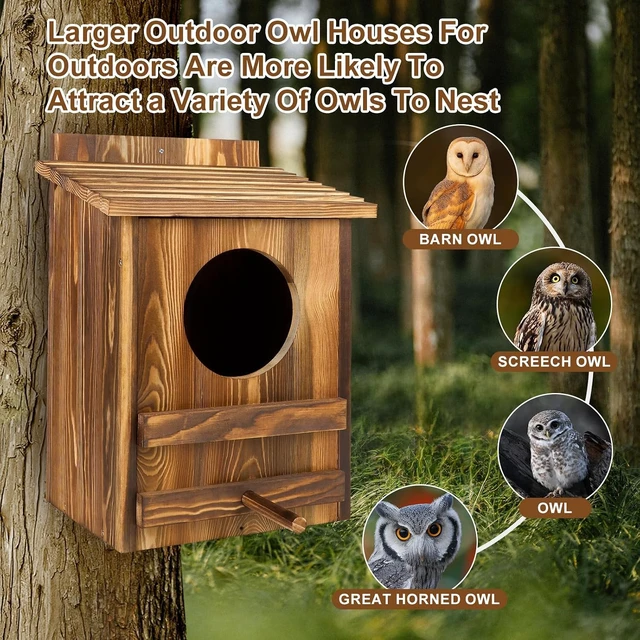 Alt view image 3 of 7 - 16.1 x 11.8 x 9.5 in Large Carbonized Barred Owl Nesting Box, Waterproof & Ventilated Outdoor House for Owls & Wildlife