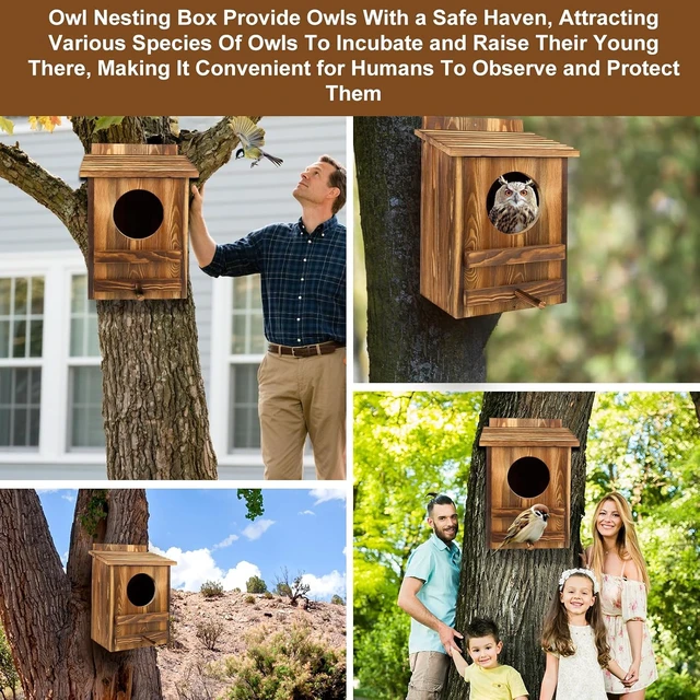 Alt view image 5 of 7 - 16.1 x 11.8 x 9.5 in Large Carbonized Barred Owl Nesting Box, Waterproof & Ventilated Outdoor House for Owls & Wildlife