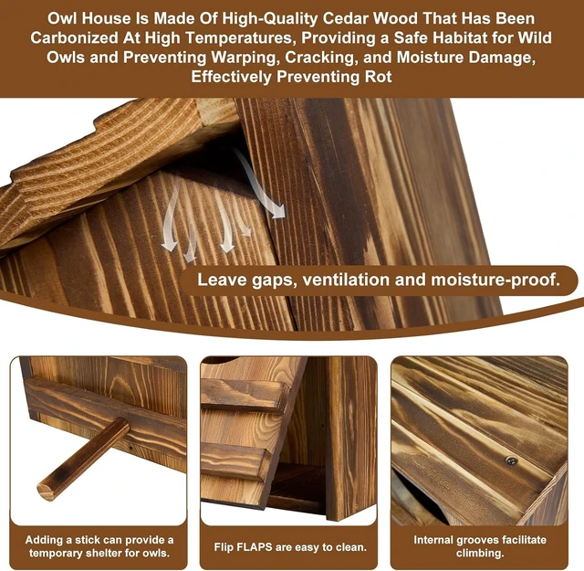 Alt view image 7 of 7 - 16.1 x 11.8 x 9.5 in Large Carbonized Barred Owl Nesting Box, Waterproof & Ventilated Outdoor House for Owls & Wildlife