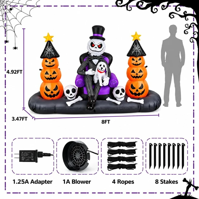 Alt view image 2 of 6 - 8FT LED Inflatable Skeleton with Pumpkin Ghosts Halloween Blow-Up Yard Décor for Lawn, Garden, Porch & Party