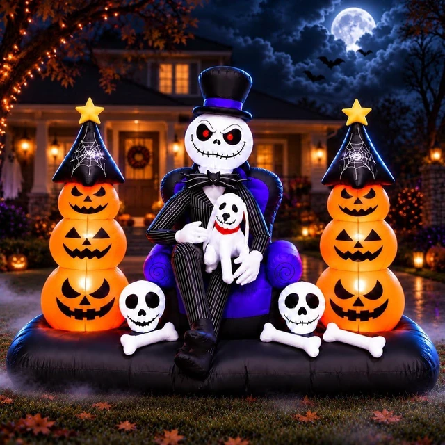 Main image of 8FT LED Inflatable Skeleton with Pumpkin Ghosts Halloween Blow-Up Yard Décor for Lawn, Garden, Porch & Party