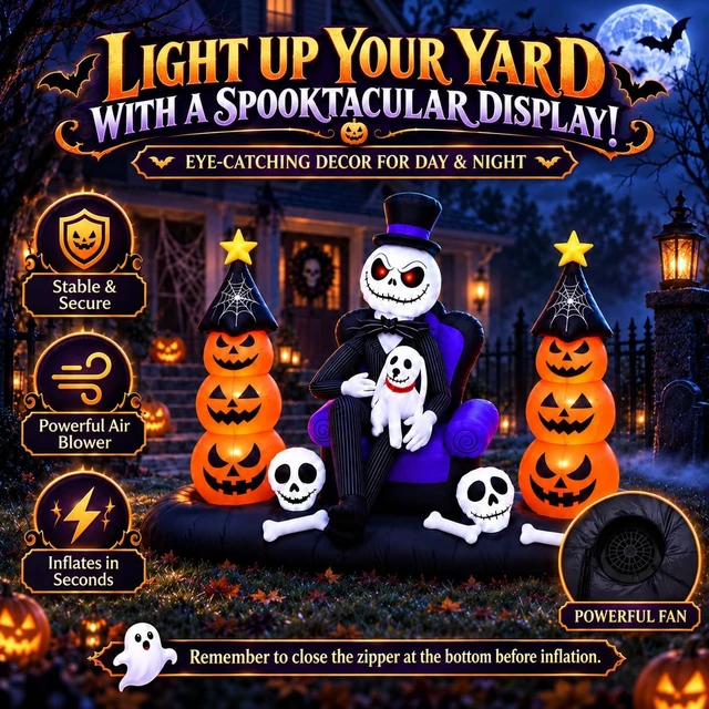 Alt view image 4 of 6 - 8FT LED Inflatable Skeleton with Pumpkin Ghosts Halloween Blow-Up Yard Décor for Lawn, Garden, Porch & Party