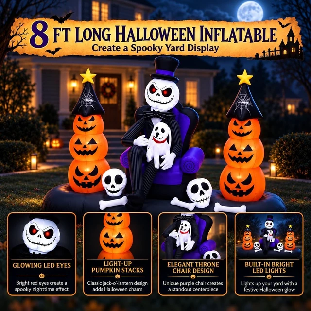 Alt view image 3 of 6 - 8FT LED Inflatable Skeleton with Pumpkin Ghosts Halloween Blow-Up Yard Décor for Lawn, Garden, Porch & Party