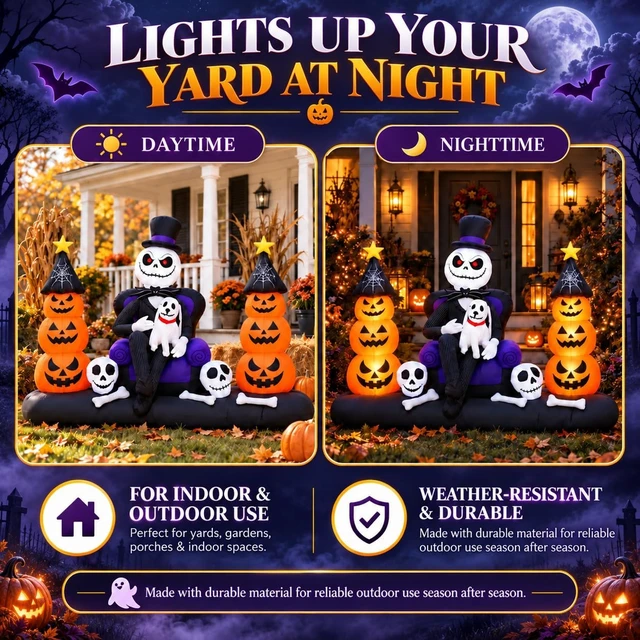 Alt view image 5 of 6 - 8FT LED Inflatable Skeleton with Pumpkin Ghosts Halloween Blow-Up Yard Décor for Lawn, Garden, Porch & Party