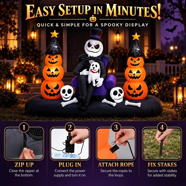Alt view image 6 of 6 - 8FT LED Inflatable Skeleton with Pumpkin Ghosts Halloween Blow-Up Yard Décor for Lawn, Garden, Porch & Party