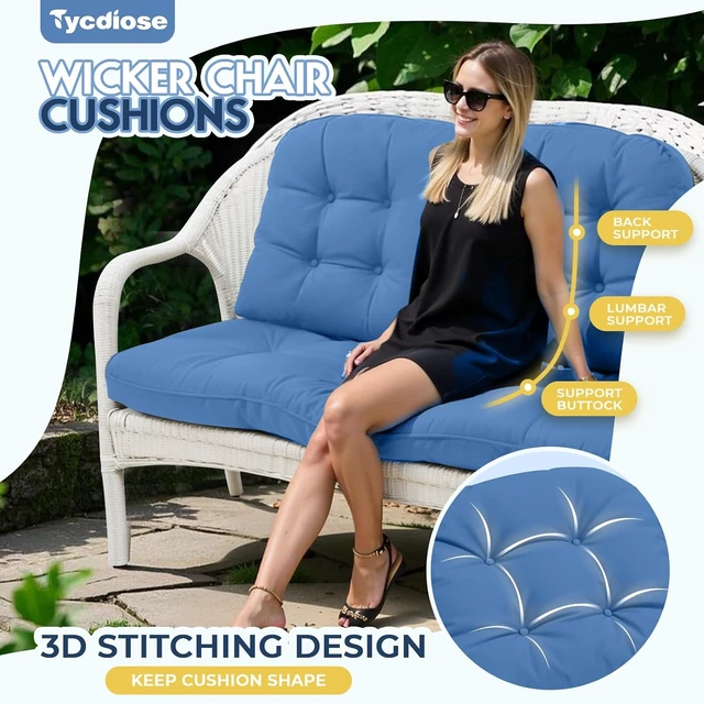 Alt view image 2 of 6 - All-Weather Waterproof Wicker Chair Cushions, 1 Loveseat & 2 U-Shaped for Patio Bench Settee, Royal Blue, 3 Pieces
